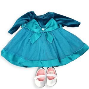 Youngland Teal Velvet Baby Dress with Bow and Silver Shoes Sz. 0-3mo. EUC